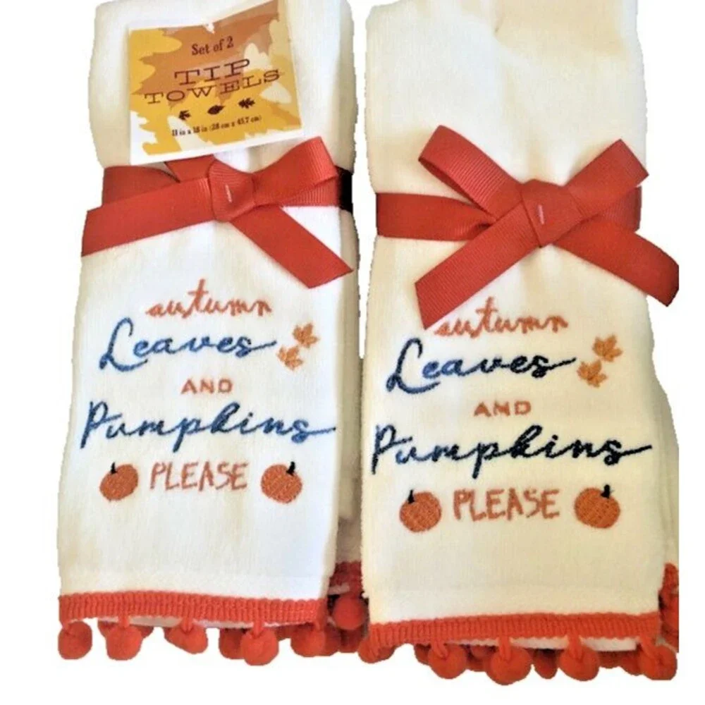 Autumn Leaves Pumpkins Fingertip Towels Embroidered Bathroom Pom Pom Set of 2